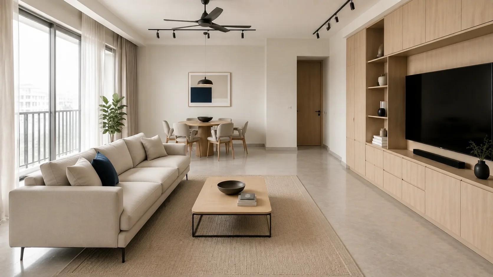 Daylight Oak living and dining interior with correctly aligned sofa and television wall