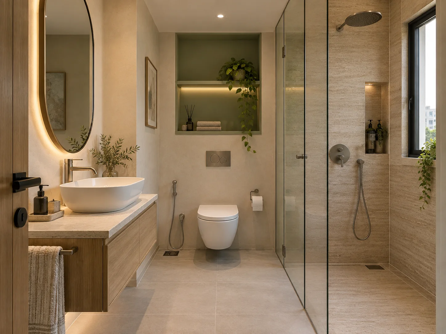 Design inspiration for a compact ivory and pale oak bathroom with glass shower, floating vanity and wall-hung toilet