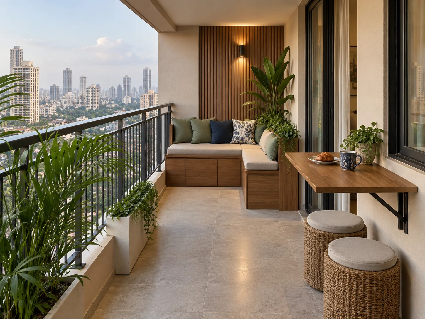 Design inspiration for a Mumbai apartment balcony with storage bench, planters and breakfast ledge