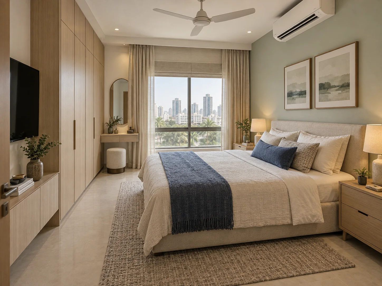 Design inspiration for an ivory and pale oak Mumbai bedroom with full-height wardrobe and window-side dressing ledge