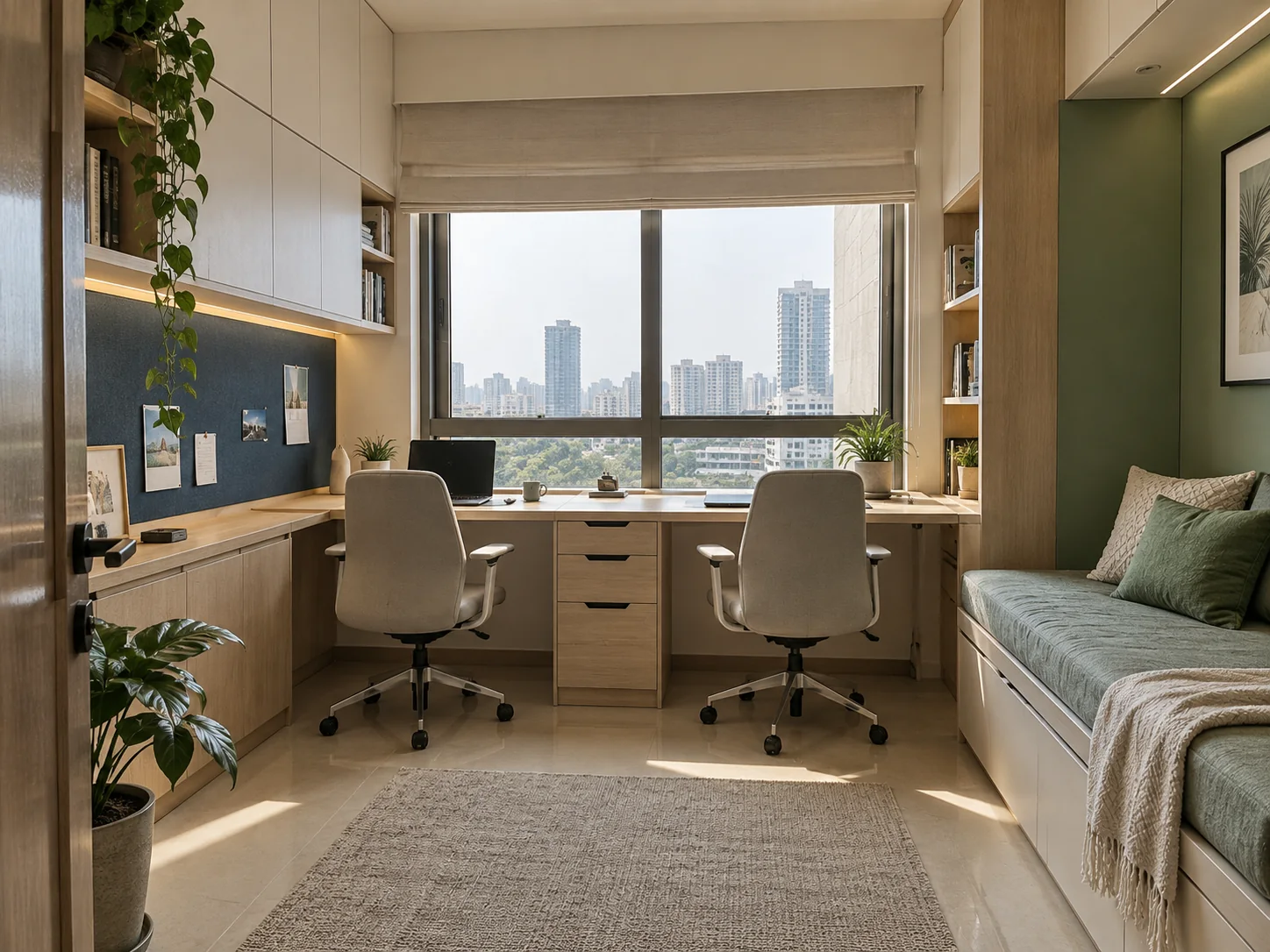 Design inspiration for a compact two-person home office with window desk, storage and a guest daybed