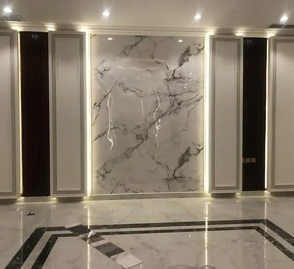marble foyer wall with dark timber panels and integrated vertical lighting