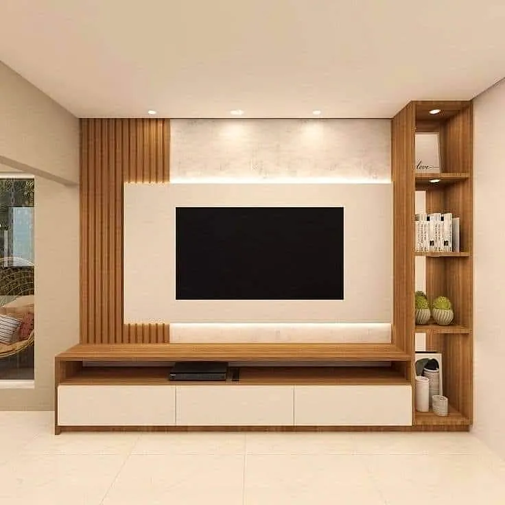 Light wood-finish television wall with vertical battens, display shelves and concealed lighting