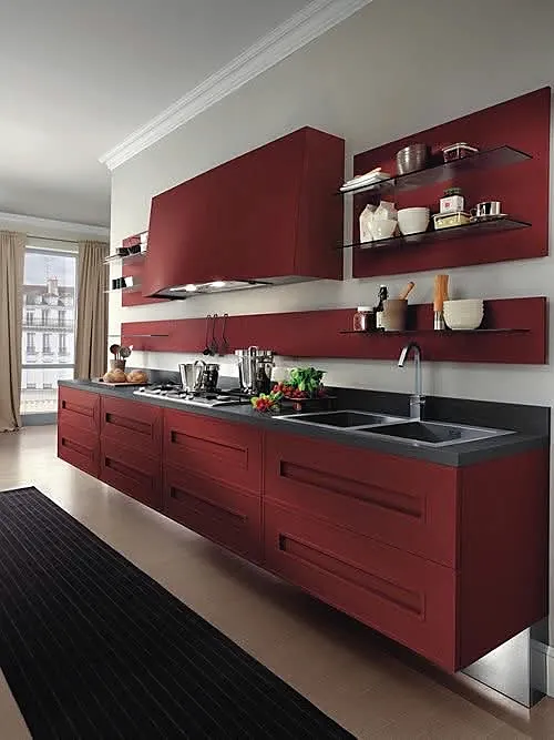 Completed merlot modular kitchen with black worktop and open display shelves